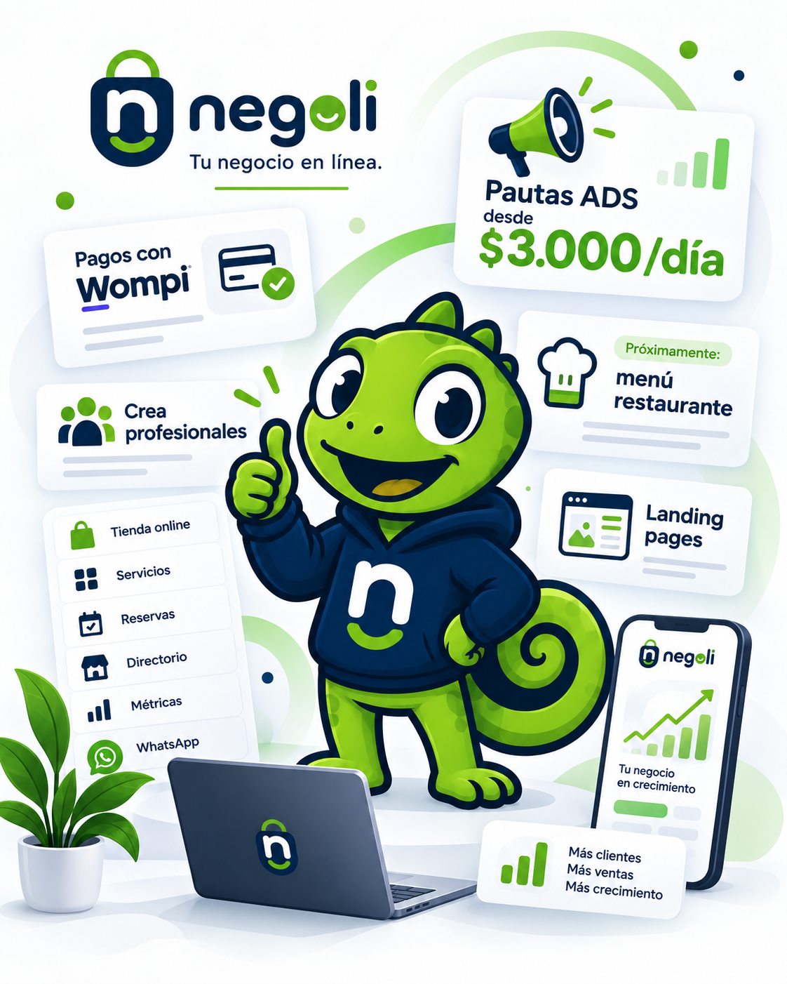 Negoli: pautas ADS desde 3.000 pesos al día, pagos con Wompi, profesionales, menú restaurante y landing pages